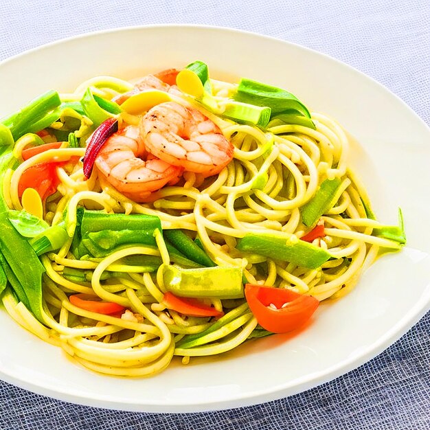 Vegetable noodles with prawns plate with wood table background