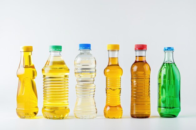 Photo vegetable oil bottles in different types on white background