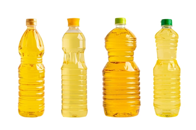 Vegetable oil in different bottle for cooking isolated on white background