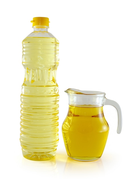 Vegetable oil in a plastic bottle and jar