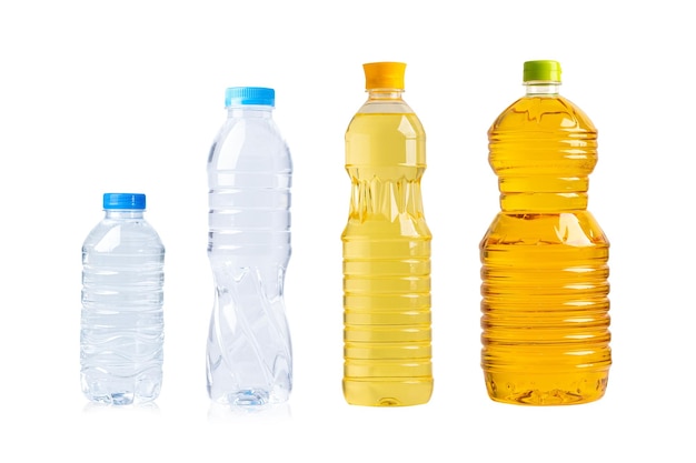 Vegetable oil and water bottle in different bottle for cook and drink isolated on white background