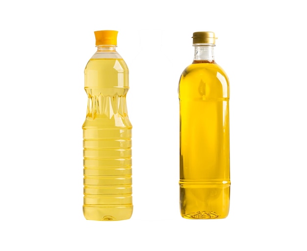 Vegetable oil with olive oil in different bottle for cooking isolated on white background