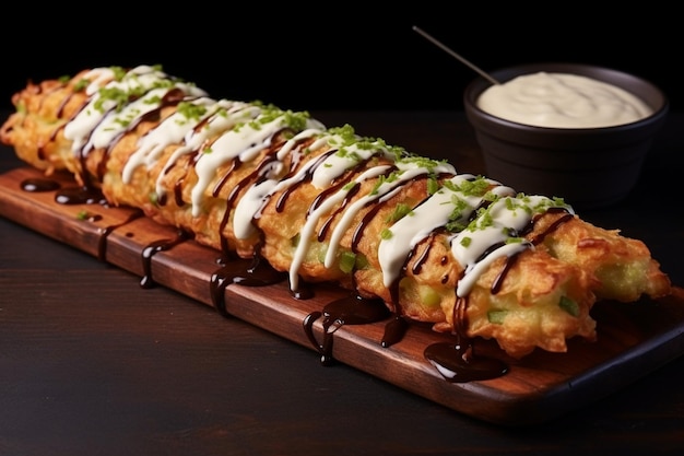 Vegetable pakora kebab with raita served in dish isolated on table side view of arabian food