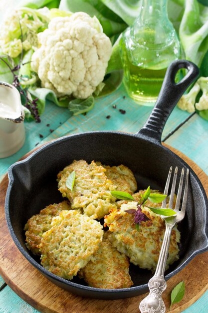 Vegetable pancakes Fried vegetarian cutlets or fritters on a kitchen wooden table