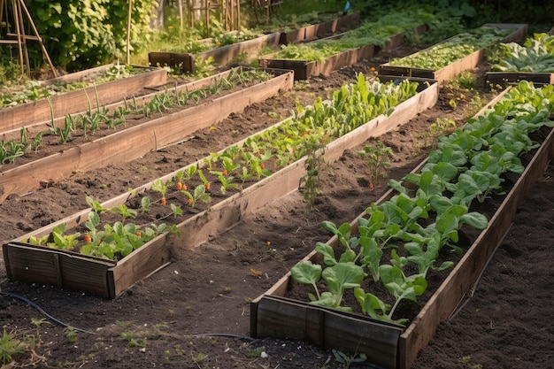 Vegetable patch with rows of freshly planted seeds