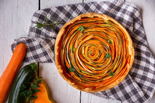 Vegetable pie with carrots and zucchini healthy vegetarian food