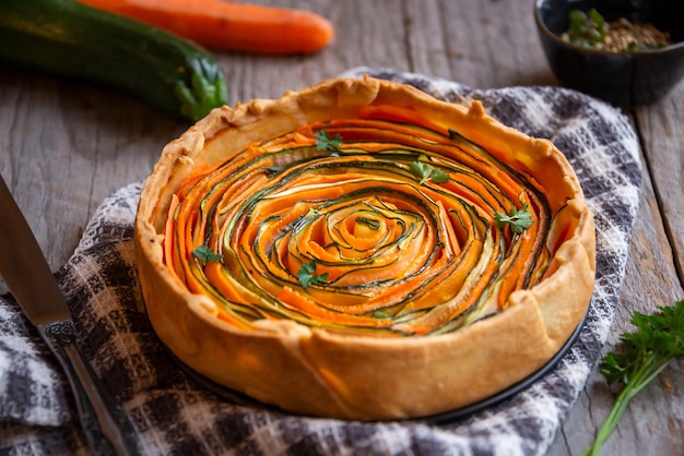 Vegetable pie with carrots and zucchini healthy vegetarian food