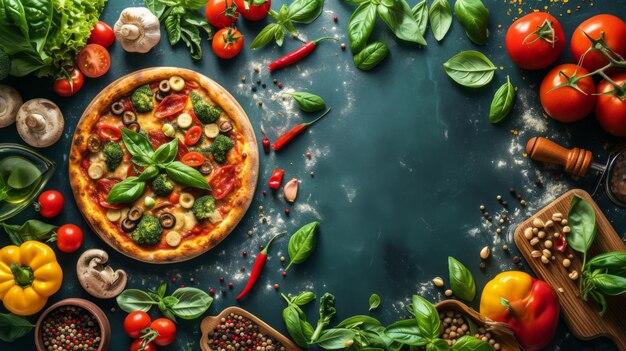 Vegetable Pizza with Copy Space on Moody Background