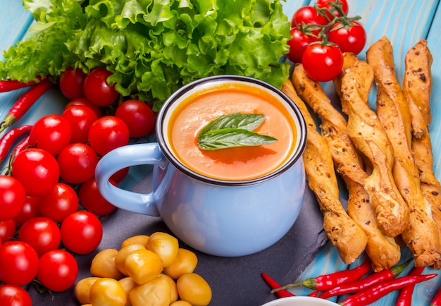 Vegetable puree soup and snacks