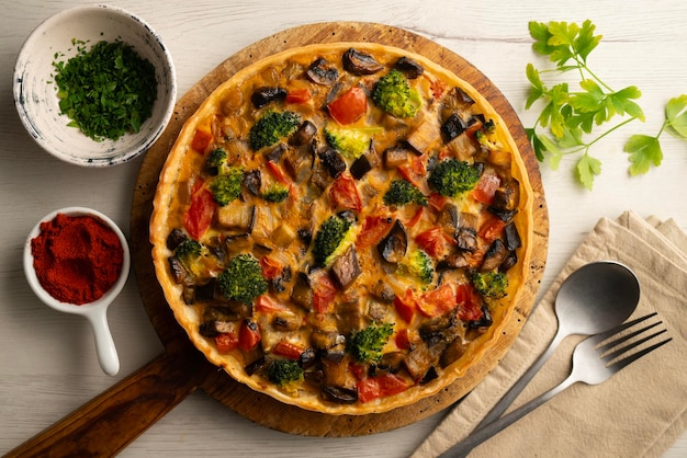 Vegetable quiche with vegan broccoli made with a traditional French recipe