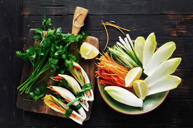 Vegetable roll dark wooden table top view Vegetable snacks