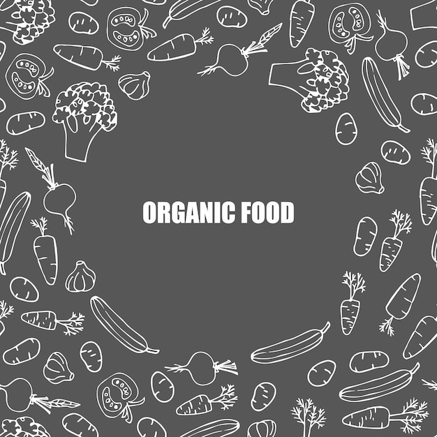 写真 濃い灰色の背景に野菜の丸いフレーム枠の白い線パターン有機食品ロゴ円