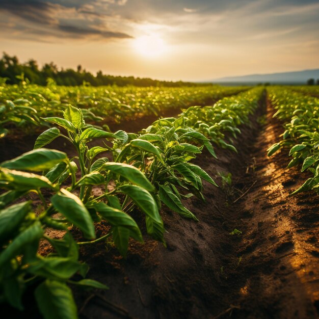 Vegetable rows of pepper grow in the field