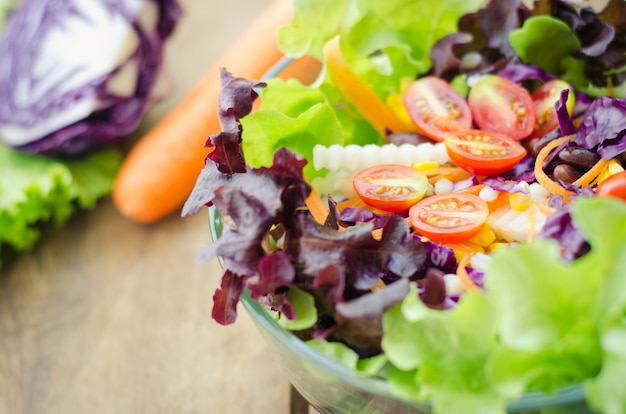 vegetable salad bowl and fruit juice - healthy eating concept