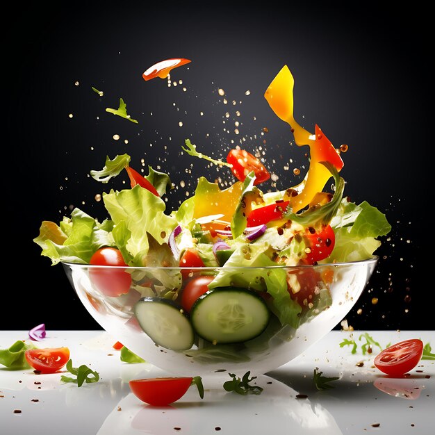 Vegetable salad in a bowl with flying ingredients and drops of olive oil Generative AI