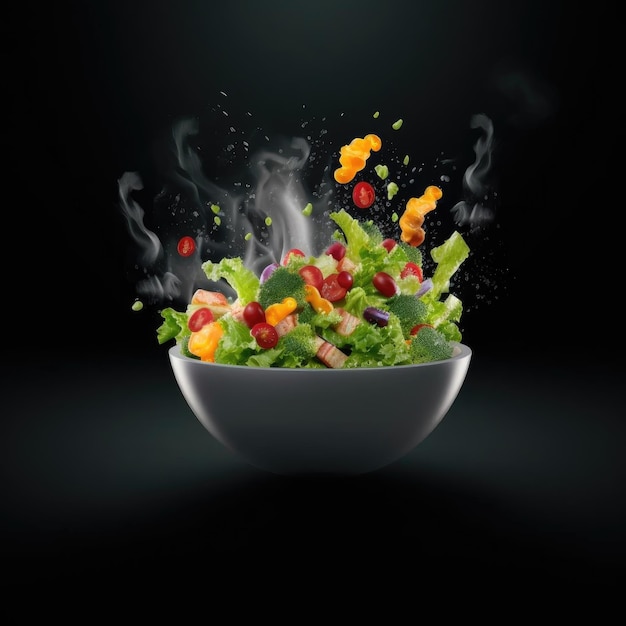 Photo vegetable salad in a bowl with smoke on a black background