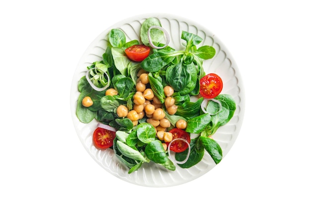 Insalata di verdure ceci, legumi, lattuga, mache, pomodoro fresco pasto sano spuntino dieta