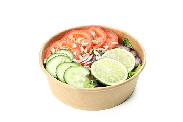 Vegetable salad in delivery box isolated on white background