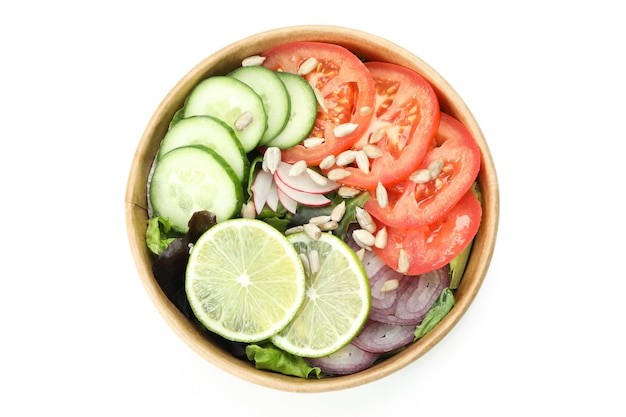 Vegetable salad in delivery box isolated on white background