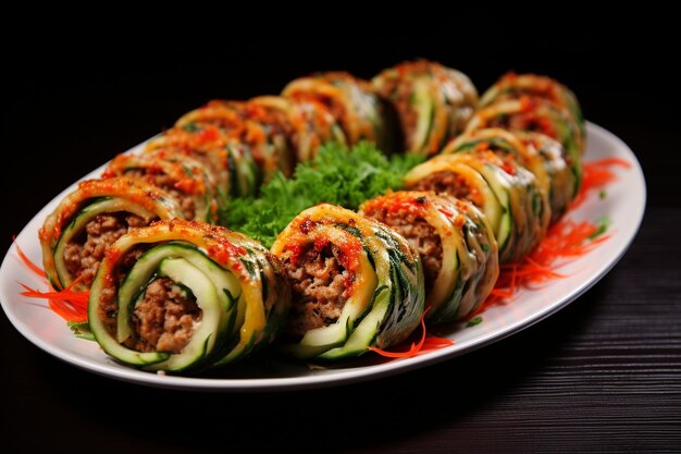 Photo vegetable salad filled meat slices