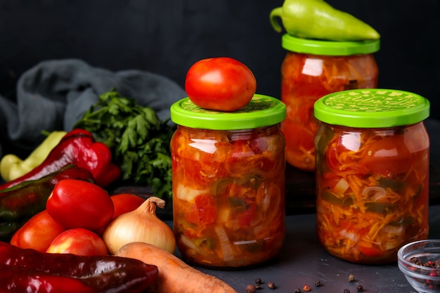 Vegetable salad in jars