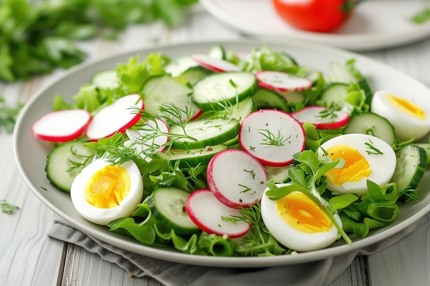 vegetable salad with boiled egg radish and cucumber on white wooden table