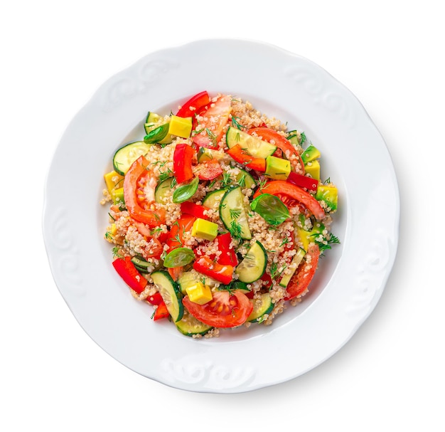 Vegetable salad with quinoa and fresh herbs is isolated on a white background Tabbouleh salad Top view