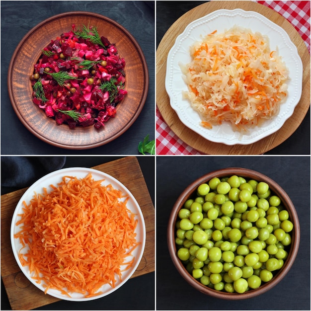 Vegetable salads top view flat lay