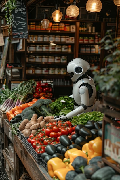 Foto negozio di verdure e robot selettivo di focalizzazione