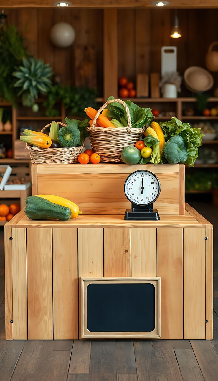 Photo vegetable shop with vegetables and baskets perched atop a farmstand one tier podium of pine rustic