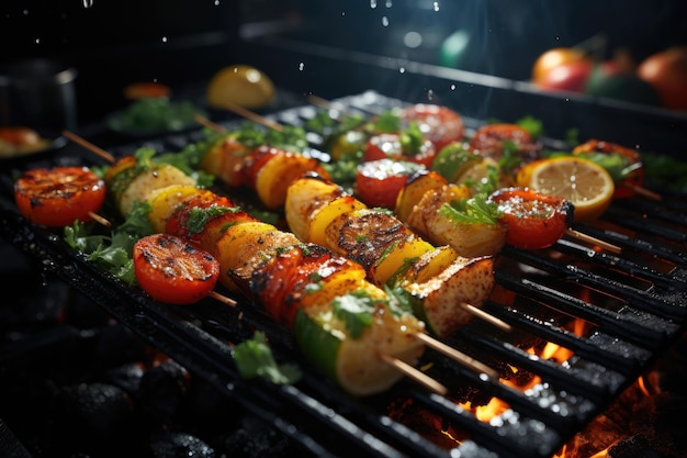 Vegetable skewers cooking on a barbecue grid food Generative AI