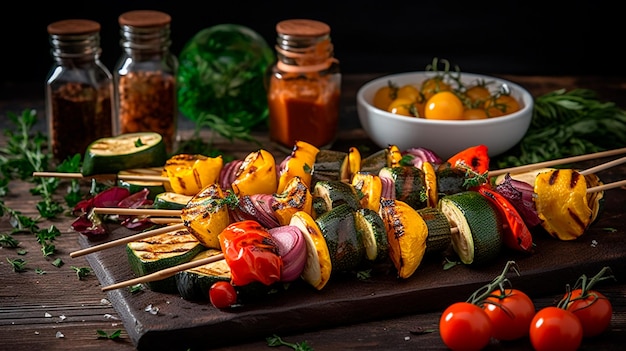 Photo vegetable skewers with a variety of grilled vegetables generative ai