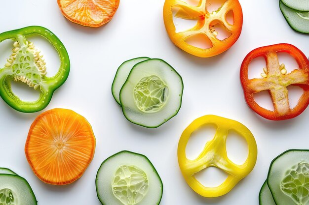 写真 白い背景に分離された野菜のスライス