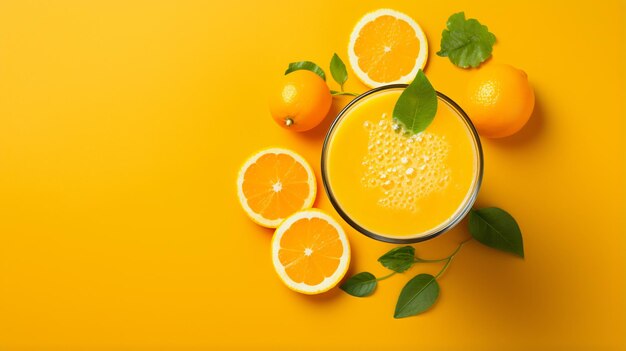 Vegetable smoothie or juice with carrot oranges on yellow background