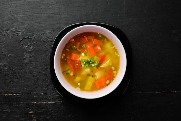 Vegetable soup in a bowl Healthy food Top view Free space for your text