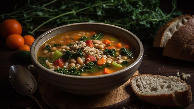 Vegetable Soup in a clay bowl Healthy food concept