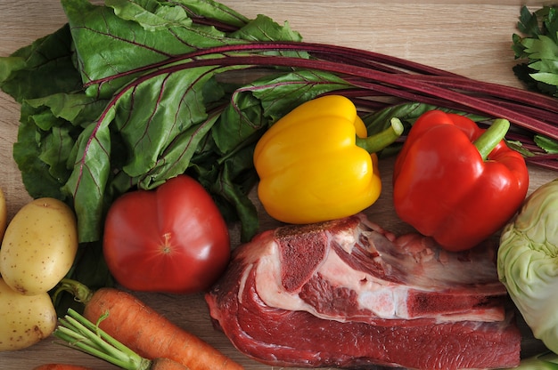 Vegetable soup ingredients and meat