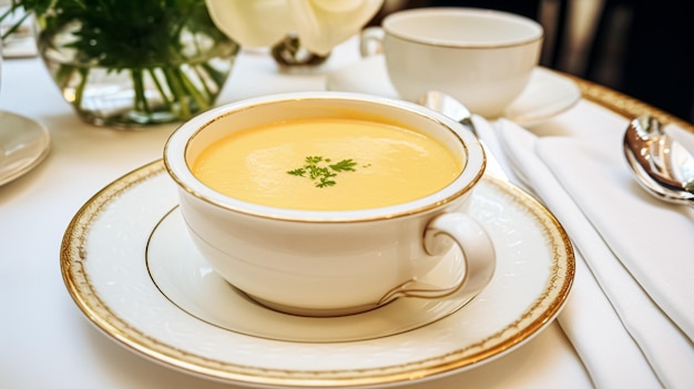 Vegetable soup in a restaurant English countryside exquisite cuisine menu culinary art food and fine dining