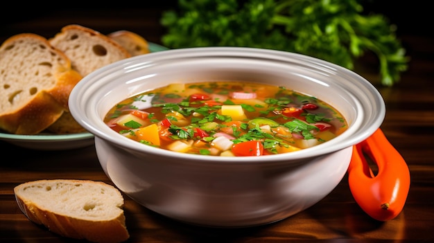 Vegetable soup in the white bowl