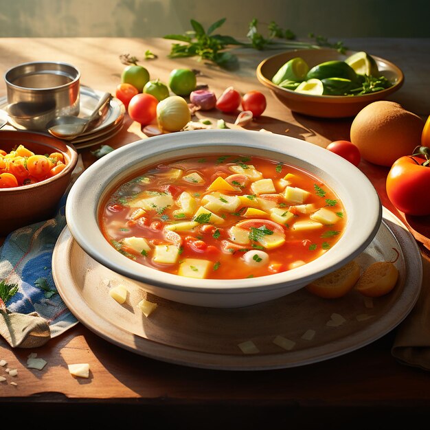 木製のテーブルで ⁇ のフィレットスープと野菜スープ ⁇ テーブルAIで新鮮な自家製の ⁇ のスープ