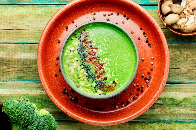 Vegetable soup with mushrooms and broccoli.Vegan food