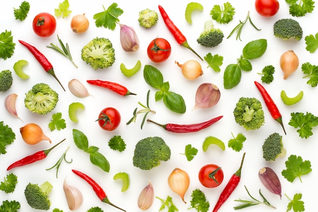 Vegetable and spices isolated, top view. composition of vegetables.