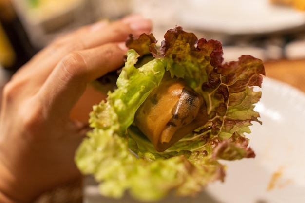 孤立した上を飛んでいる野菜の春巻き 野菜と新鮮な春巻き食品