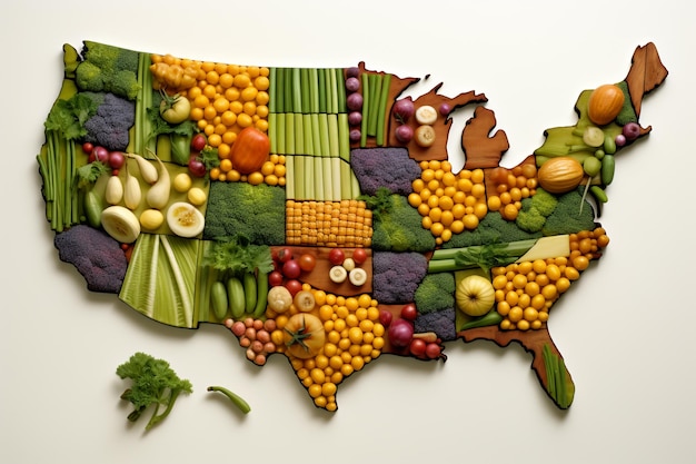 写真 白い背景に野菜を使用した米国の野菜州地図