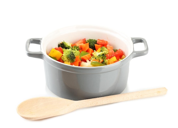 Vegetable stew in gray pot isolated on white