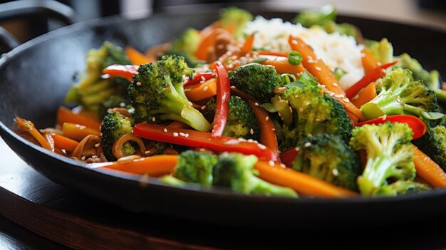 a vegetable stirfry in a wok featuring broccoli carrots and bell peppers