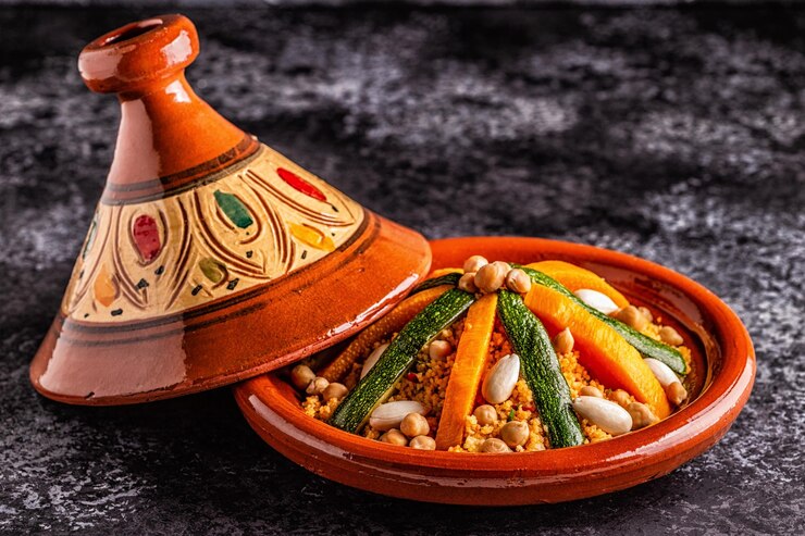 Vegetable tagine with almond and chickpea couscous