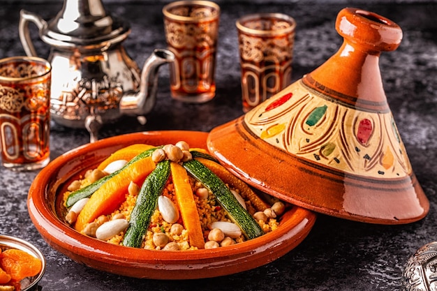 Vegetable tagine with almond and chickpea couscous