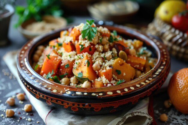 Vegetable tagine with almond and chickpea couscous