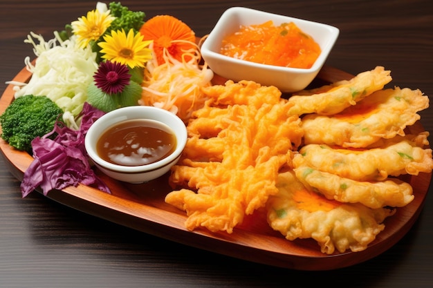 Foto tempura di verdure con salsa